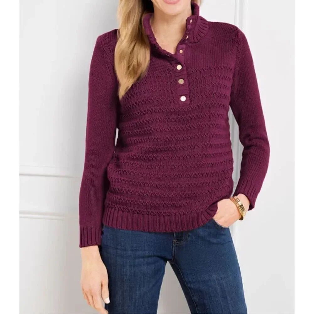 Talbots NWT TEXTURE STITCH SNAP MOCKNECK SWEATER sz L